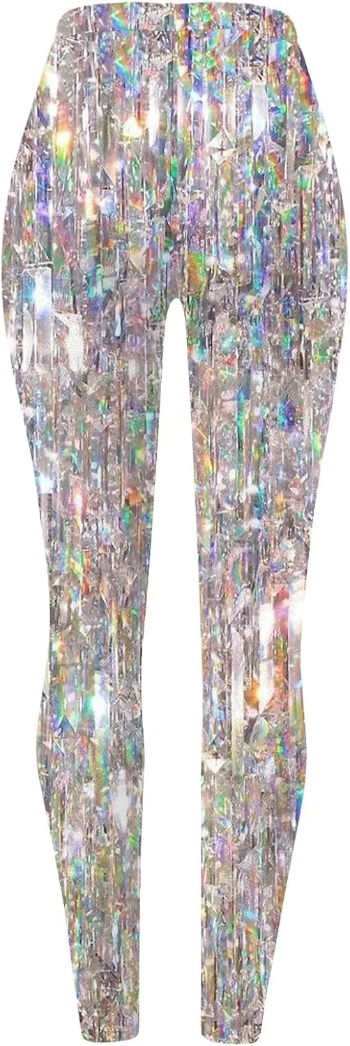 Womens Lightweight Sparkly Leggings Trendy High Waist Slim Glitter Yoga Pants Daily Sports Casual Tights Y2K Trousers