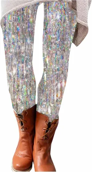 Womens Lightweight Sparkly Leggings Trendy High Waist Slim Glitter Yoga Pants Daily Sports Casual Tights Y2K Trousers