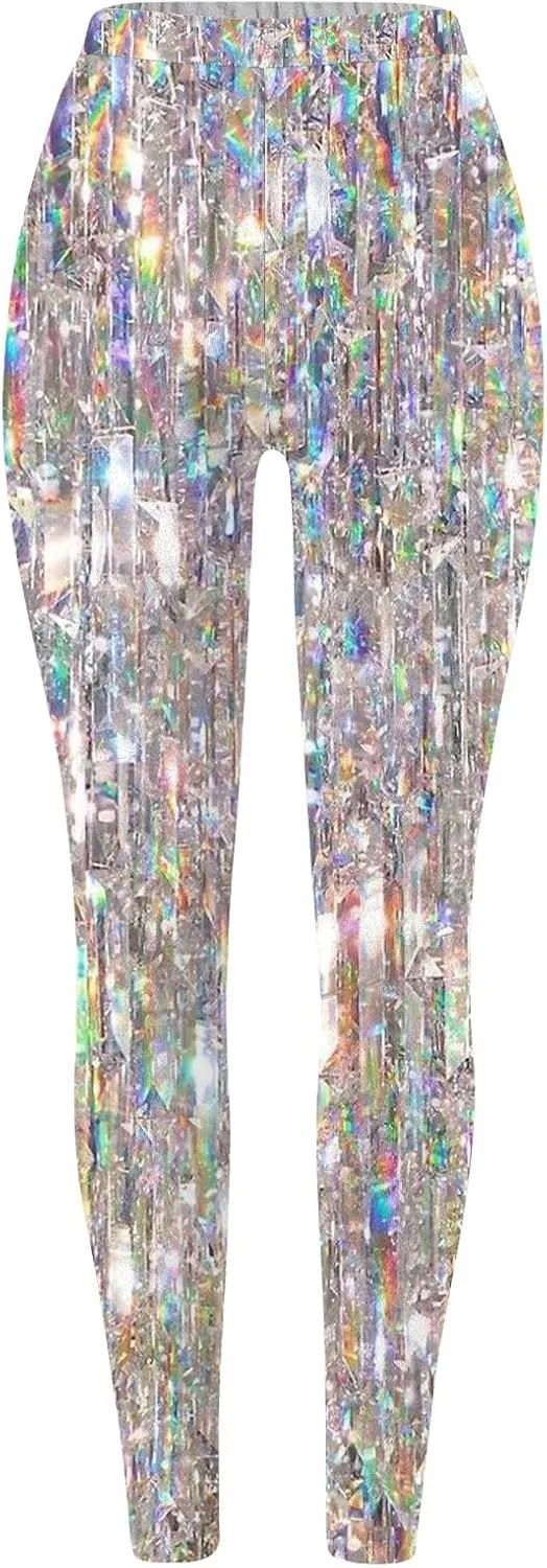 Womens Lightweight Sparkly Leggings Trendy High Waist Slim Glitter Yoga Pants Daily Sports Casual Tights Y2K Trousers