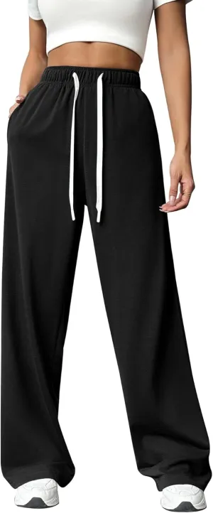 Women's Loose Waist Straight Wide-Leg Sport Trousers Casual Drawstring Workout Sweatpants Stretch Lounge Pants