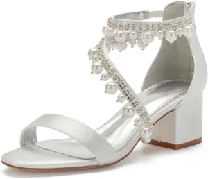 Women's Low Block Heel Sandals Chunky Ankle Strap Satin Pearl Wedding Shoes for Bride Low Heels Formal Prom Party Dress Shoes Comfortable Pump Sandals