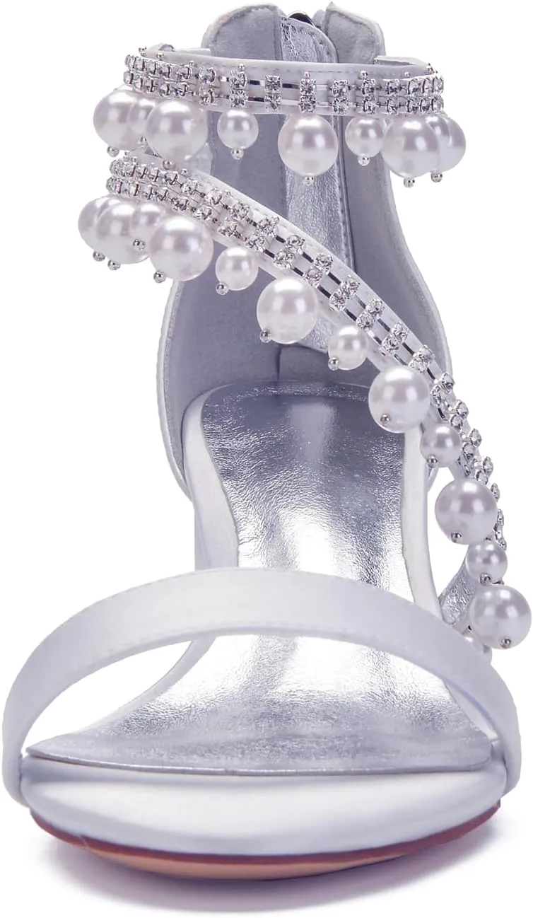 Women's Low Block Heel Sandals Chunky Ankle Strap Satin Pearl Wedding Shoes for Bride Low Heels Formal Prom Party Dress Shoes Comfortable Pump Sandals