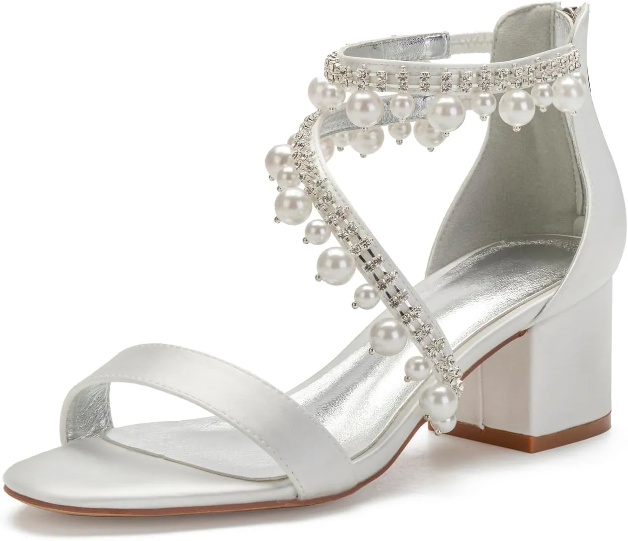 Women's Low Block Heel Sandals Chunky Ankle Strap Satin Pearl Wedding Shoes for Bride Low Heels Formal Prom Party Dress Shoes Comfortable Pump Sandals