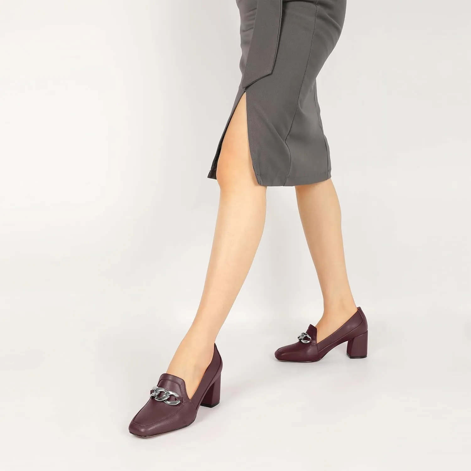 Women's Low Heel Pumps Loafers with Metal Buckle Square Toe Pumps Chunky Heeled Pump Stylish Comfortable 2.5 Inch Loafers Heels