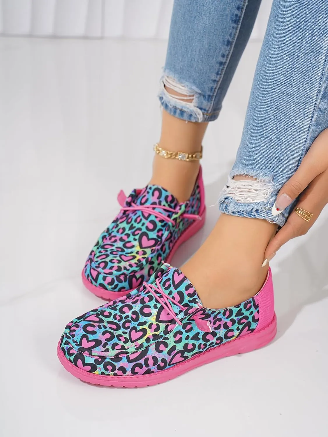 Women's Milky Cow Print Slip-On Loafers - Lightweight Comfortable Casual Shoes with Elastic Laces, Foam Outsole, Orthotic Walking Shoes for Daily Wear, US 6-10