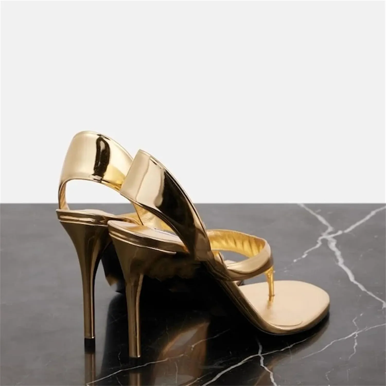Women's Mirrored Leather Sandals, Gold Red Patent Round Toe Runway Heels