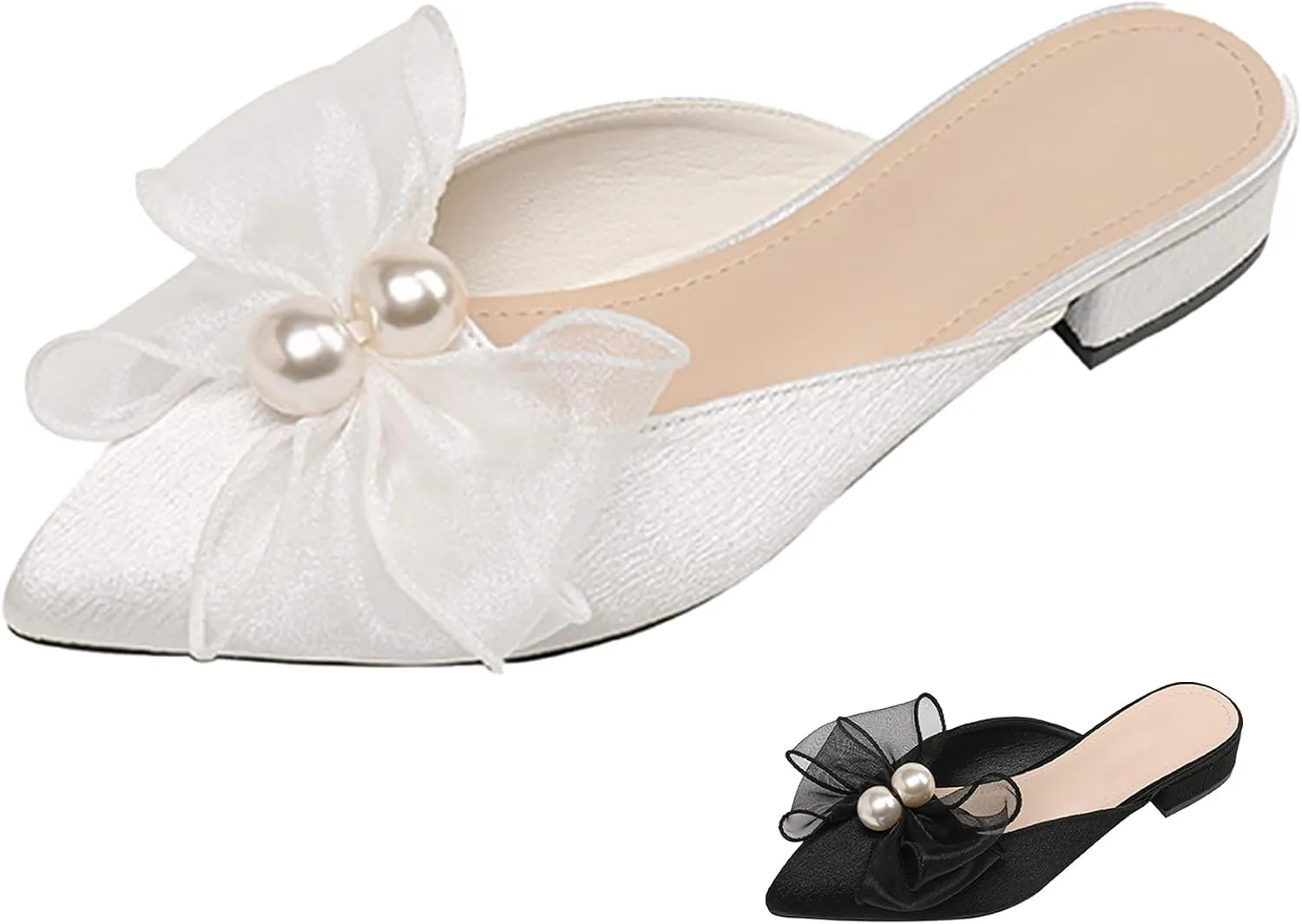 Women's Pearl Bow Backless Mules Fashion Closed Pointed Toe Comfortable Slip On Low Block Heel Dress Slides for Casual Office Wedding Party
