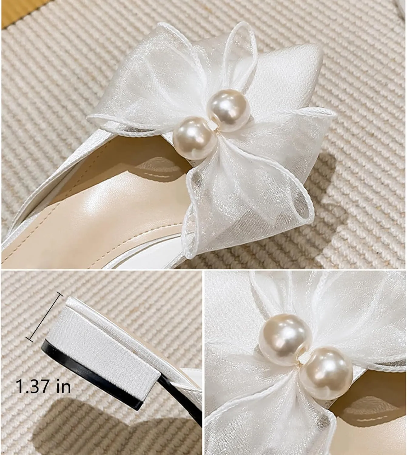 Women's Pearl Bow Backless Mules Fashion Closed Pointed Toe Comfortable Slip On Low Block Heel Dress Slides for Casual Office Wedding Party