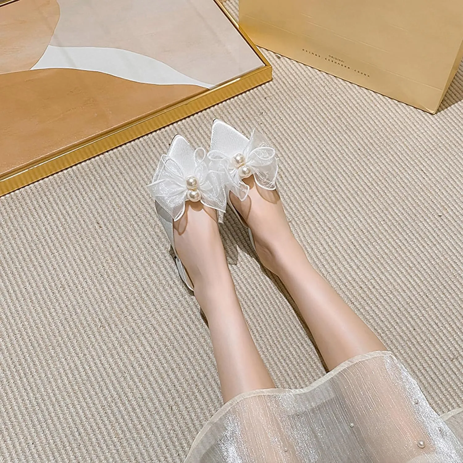 Women's Pearl Bow Backless Mules Fashion Closed Pointed Toe Comfortable Slip On Low Block Heel Dress Slides for Casual Office Wedding Party