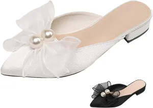 Women's Pearl Bow Backless Mules Fashion Closed Pointed Toe Comfortable Slip On Low Block Heel Dress Slides for Casual Office Wedding Party