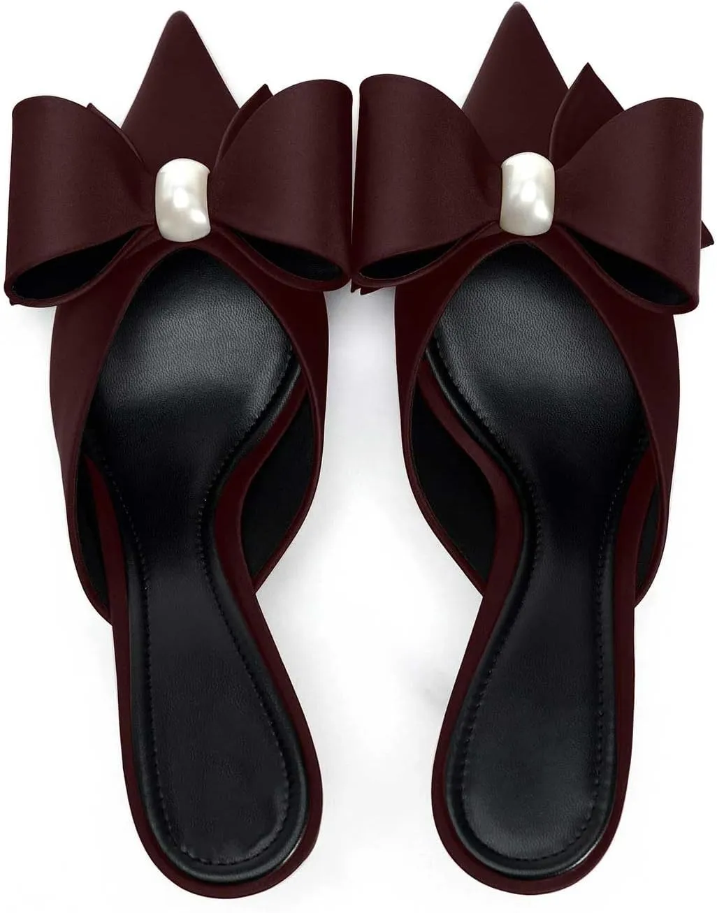 Women's Pearl Decorated Bowknot Pumps Mules Pointed Toe Closed Kitten Heel Satin Slides Wedding Party Work Formal Shoes for Women