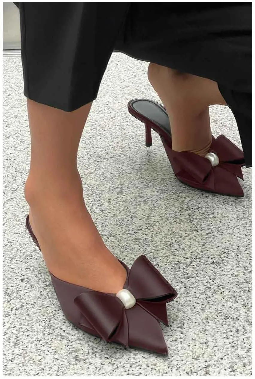 Women's Pearl Decorated Bowknot Pumps Mules Pointed Toe Closed Kitten Heel Satin Slides Wedding Party Work Formal Shoes for Women