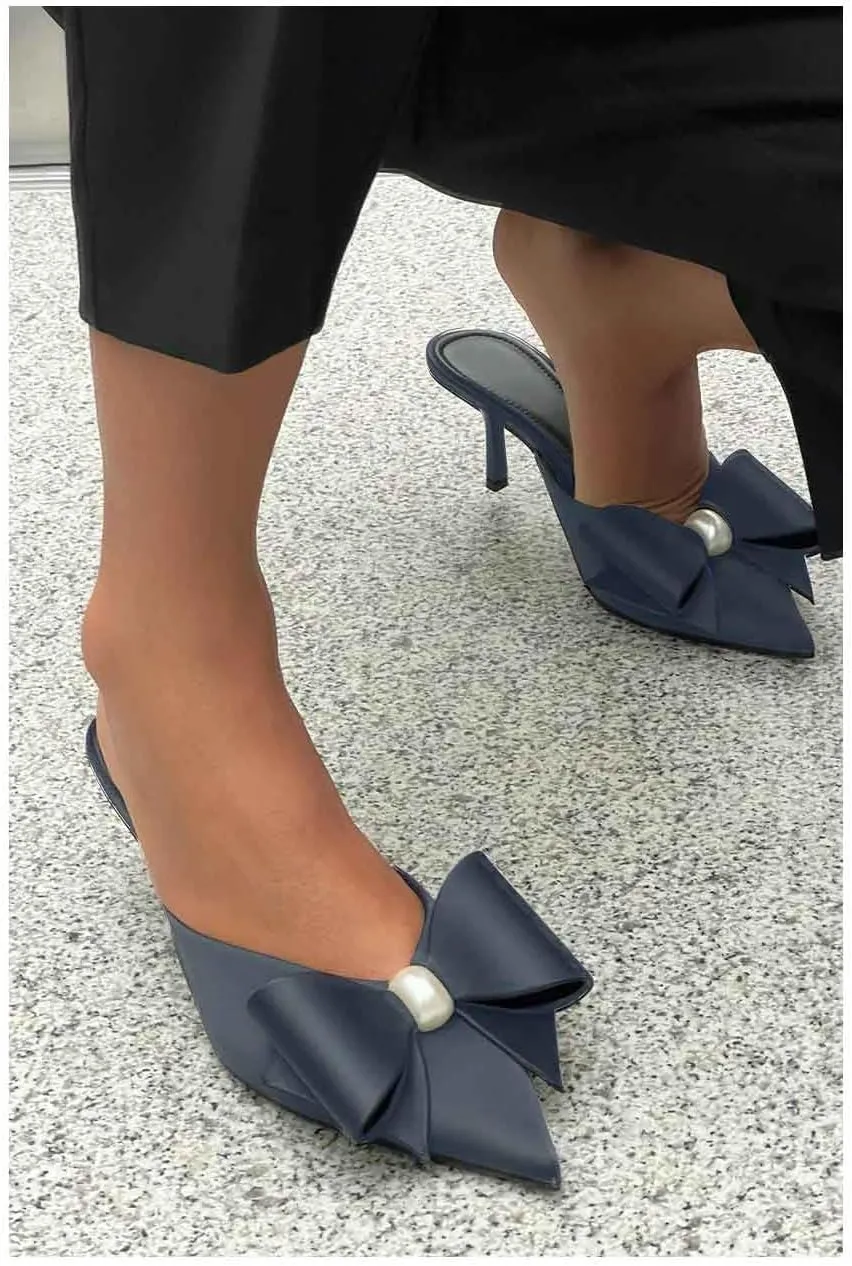 Women's Pearl Decorated Bowknot Pumps Mules Pointed Toe Closed Kitten Heel Satin Slides Wedding Party Work Formal Shoes for Women