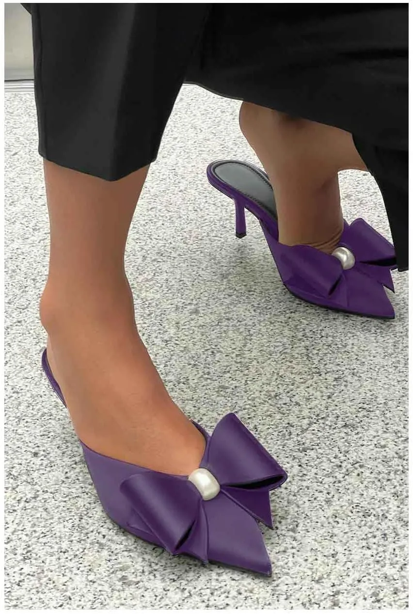 Women's Pearl Decorated Bowknot Pumps Mules Pointed Toe Closed Kitten Heel Satin Slides Wedding Party Work Formal Shoes for Women