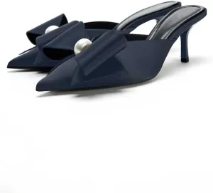 Women's Pearl Decorated Bowknot Pumps Mules Pointed Toe Closed Kitten Heel Satin Slides Wedding Party Work Formal Shoes for Women