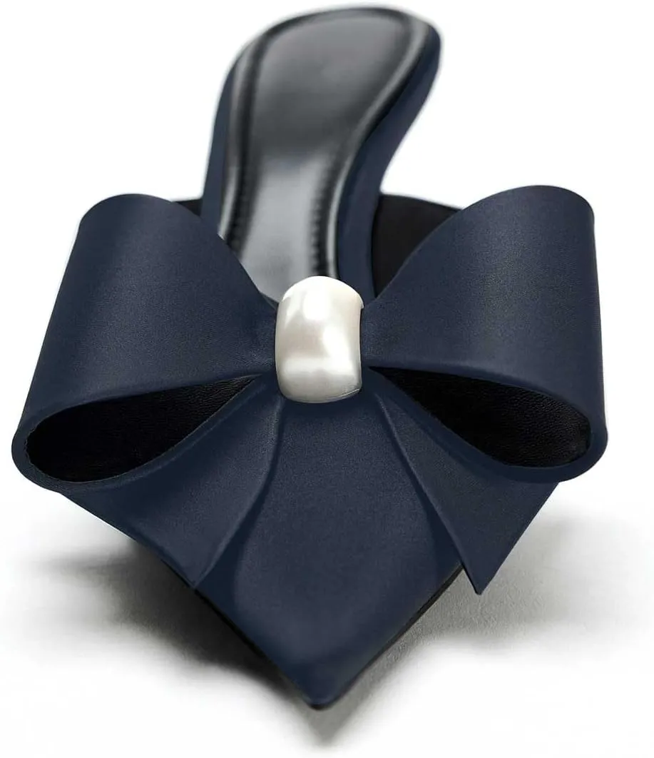 Women's Pearl Decorated Bowknot Pumps Mules Pointed Toe Closed Kitten Heel Satin Slides Wedding Party Work Formal Shoes for Women