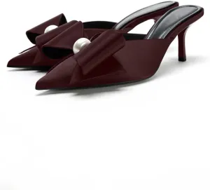 Women's Pearl Decorated Bowknot Pumps Mules Pointed Toe Closed Kitten Heel Satin Slides Wedding Party Work Formal Shoes for Women