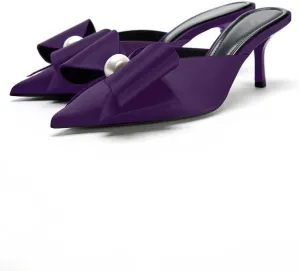 Women's Pearl Decorated Bowknot Pumps Mules Pointed Toe Closed Kitten Heel Satin Slides Wedding Party Work Formal Shoes for Women