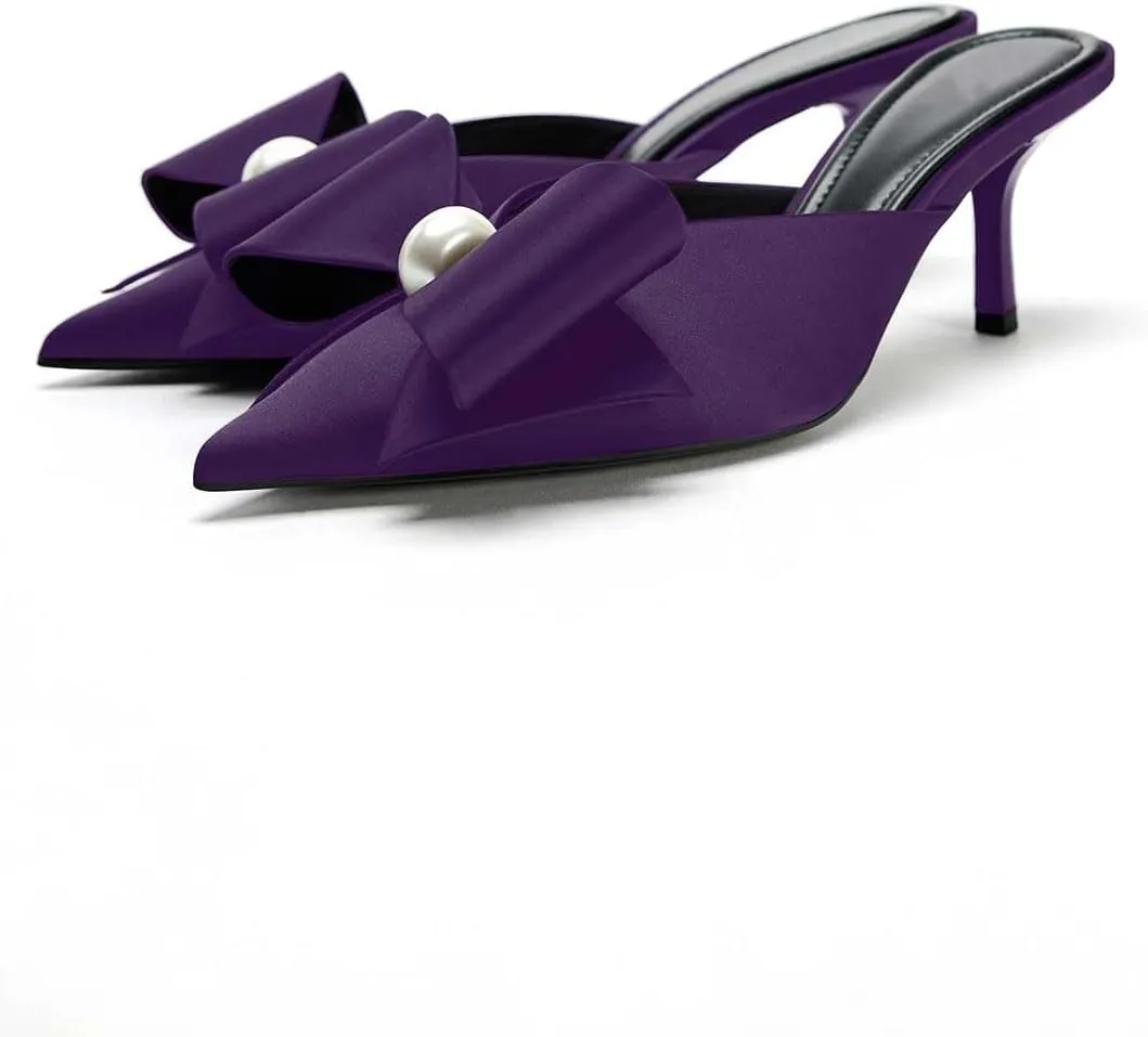Women's Pearl Decorated Bowknot Pumps Mules Pointed Toe Closed Kitten Heel Satin Slides Wedding Party Work Formal Shoes for Women