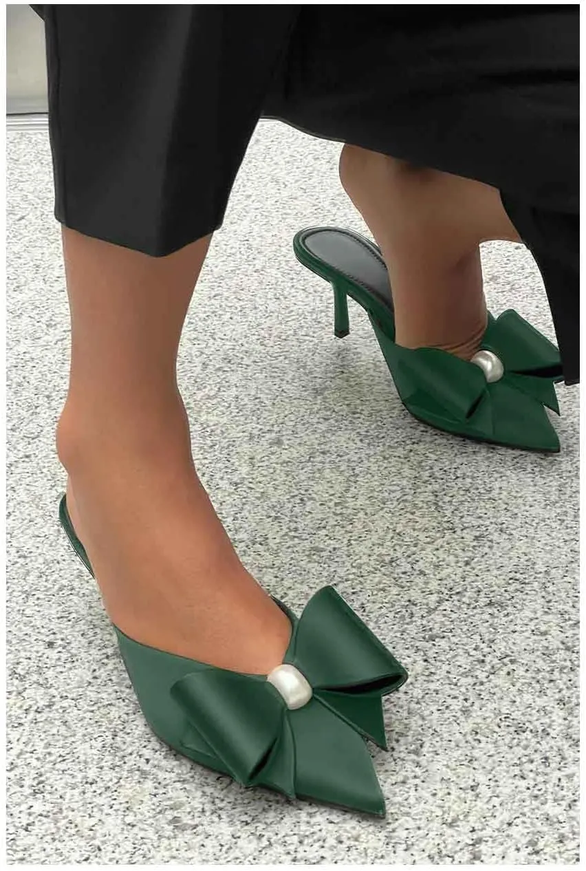 Women's Pearl Decorated Bowknot Pumps Mules Pointed Toe Closed Kitten Heel Satin Slides Wedding Party Work Formal Shoes for Women