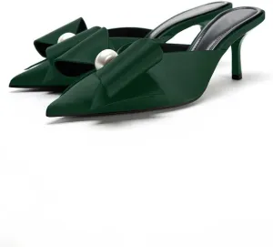 Women's Pearl Decorated Bowknot Pumps Mules Pointed Toe Closed Kitten Heel Satin Slides Wedding Party Work Formal Shoes for Women