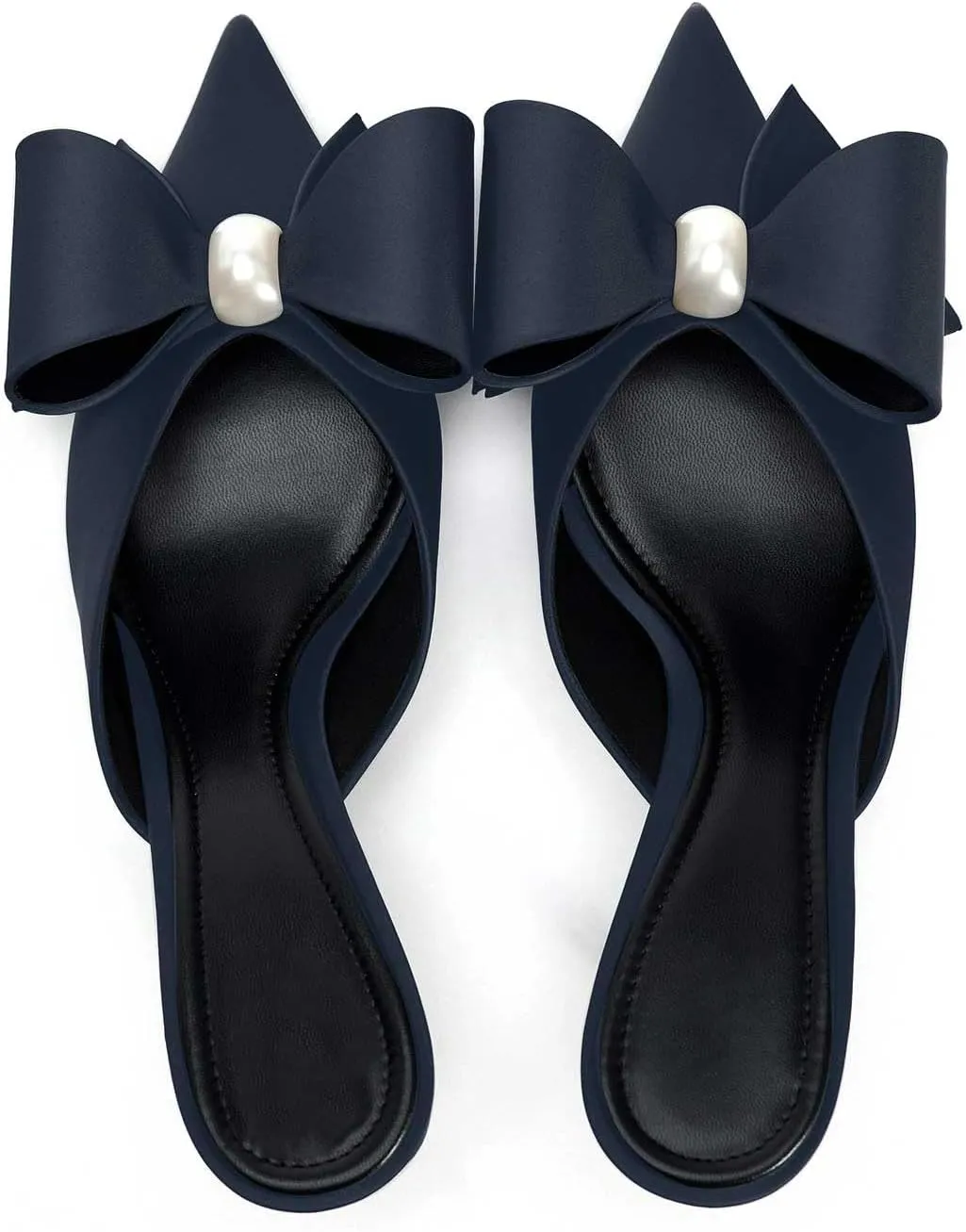 Women's Pearl Decorated Bowknot Pumps Mules Pointed Toe Closed Kitten Heel Satin Slides Wedding Party Work Formal Shoes for Women