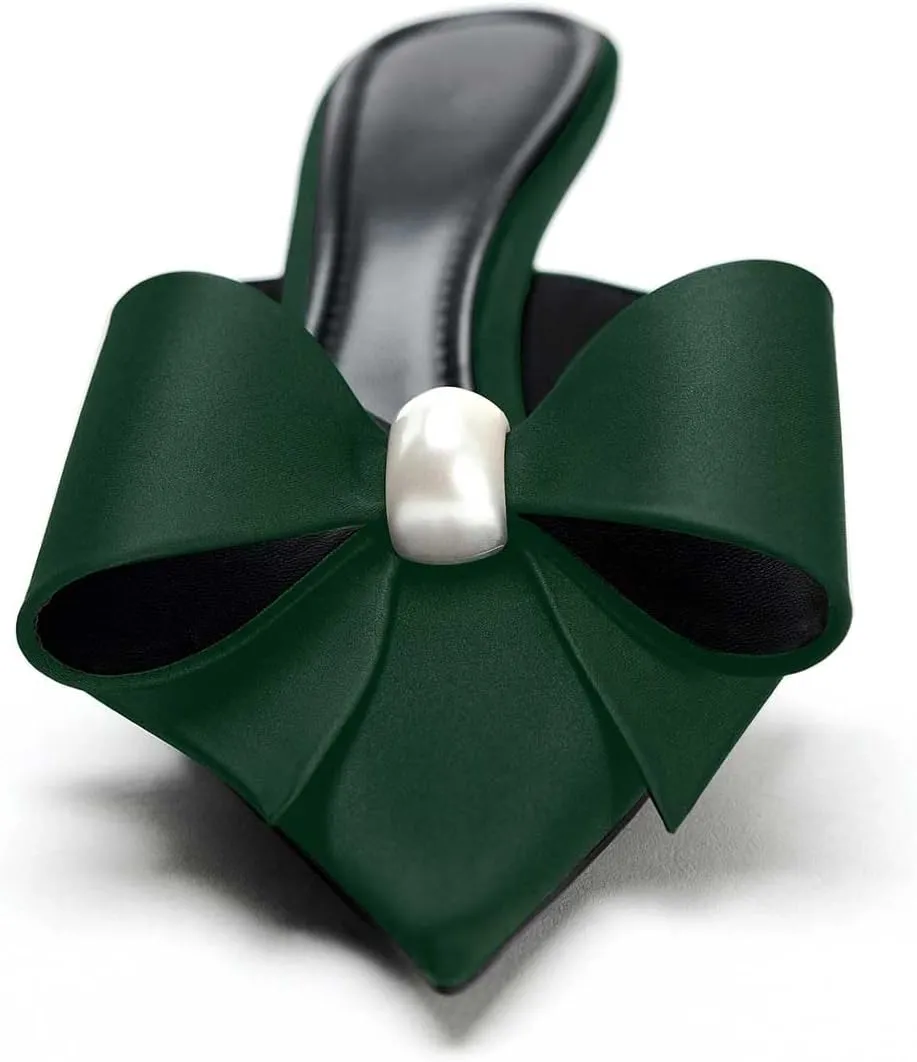 Women's Pearl Decorated Bowknot Pumps Mules Pointed Toe Closed Kitten Heel Satin Slides Wedding Party Work Formal Shoes for Women