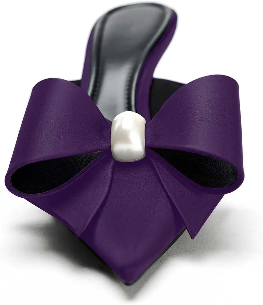 Women's Pearl Decorated Bowknot Pumps Mules Pointed Toe Closed Kitten Heel Satin Slides Wedding Party Work Formal Shoes for Women