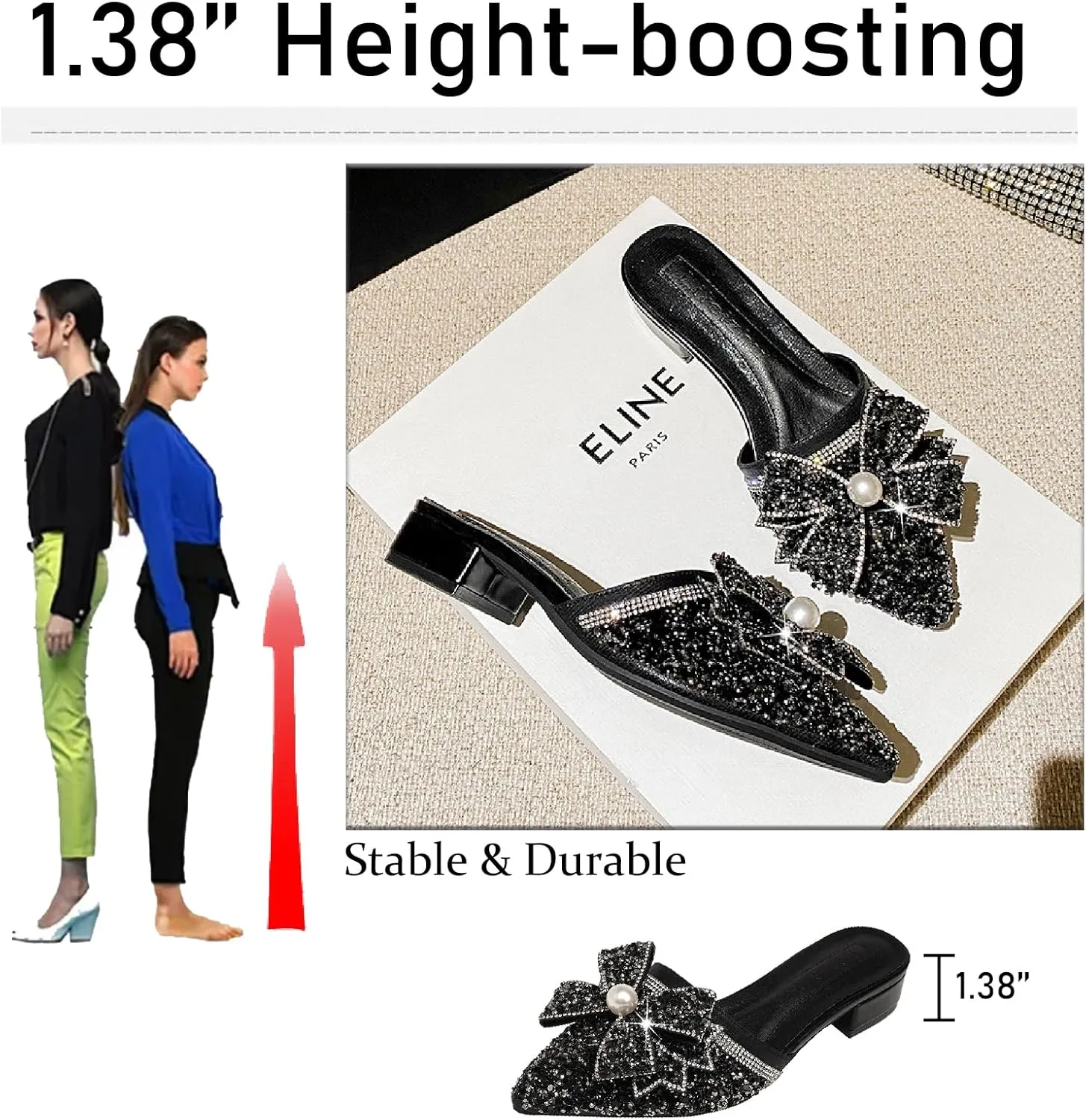 Women's Pearl Rhinestone Bow Low Heels Mules Glitter Pointed Toe Comfortable Block Heel Backless Slip on Clogs Sandals for Party Date Wedding Fashion Dress Slides