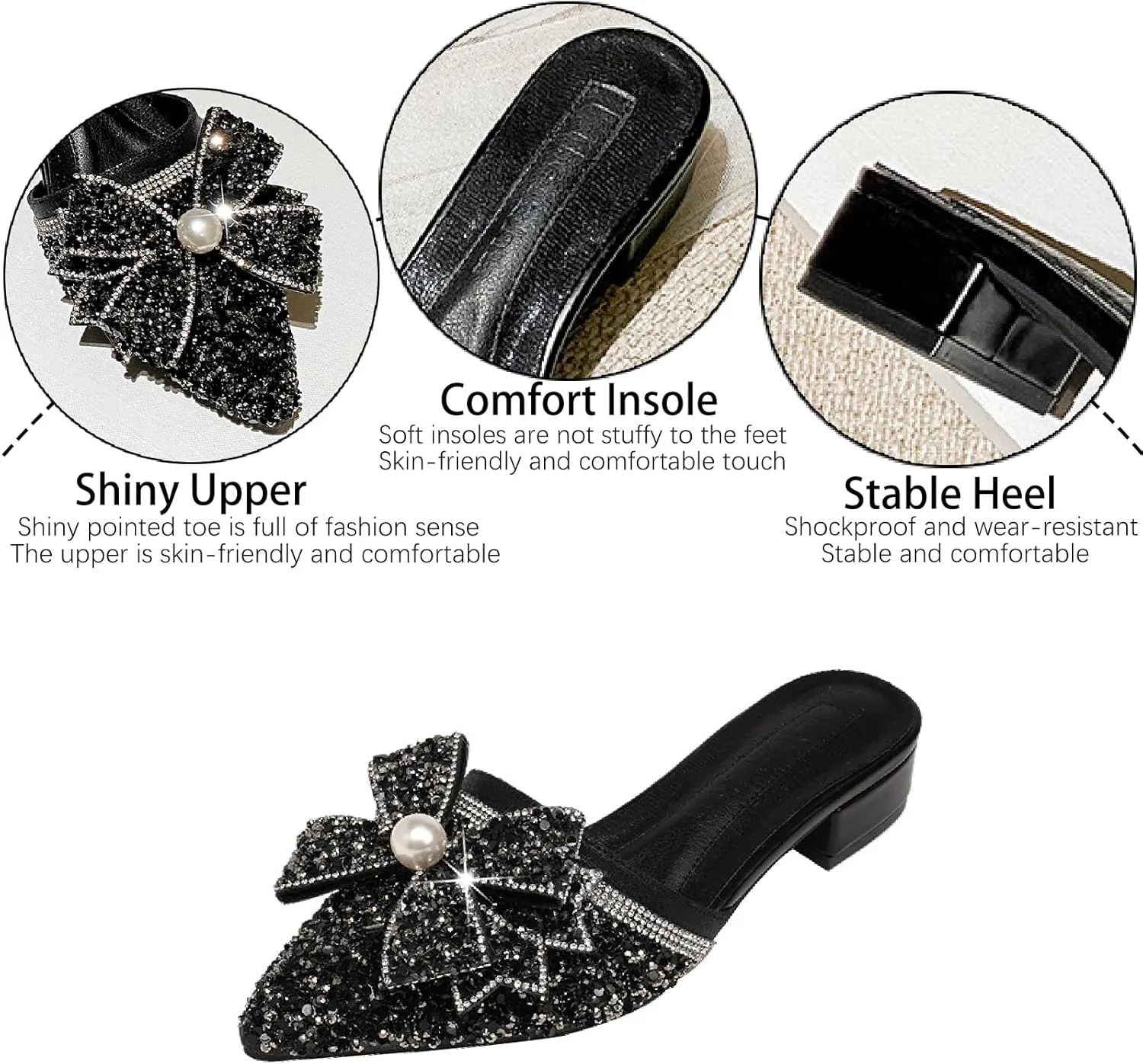 Women's Pearl Rhinestone Bow Low Heels Mules Glitter Pointed Toe Comfortable Block Heel Backless Slip on Clogs Sandals for Party Date Wedding Fashion Dress Slides