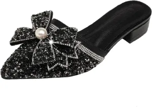 Women's Pearl Rhinestone Bow Low Heels Mules Glitter Pointed Toe Comfortable Block Heel Backless Slip on Clogs Sandals for Party Date Wedding Fashion Dress Slides