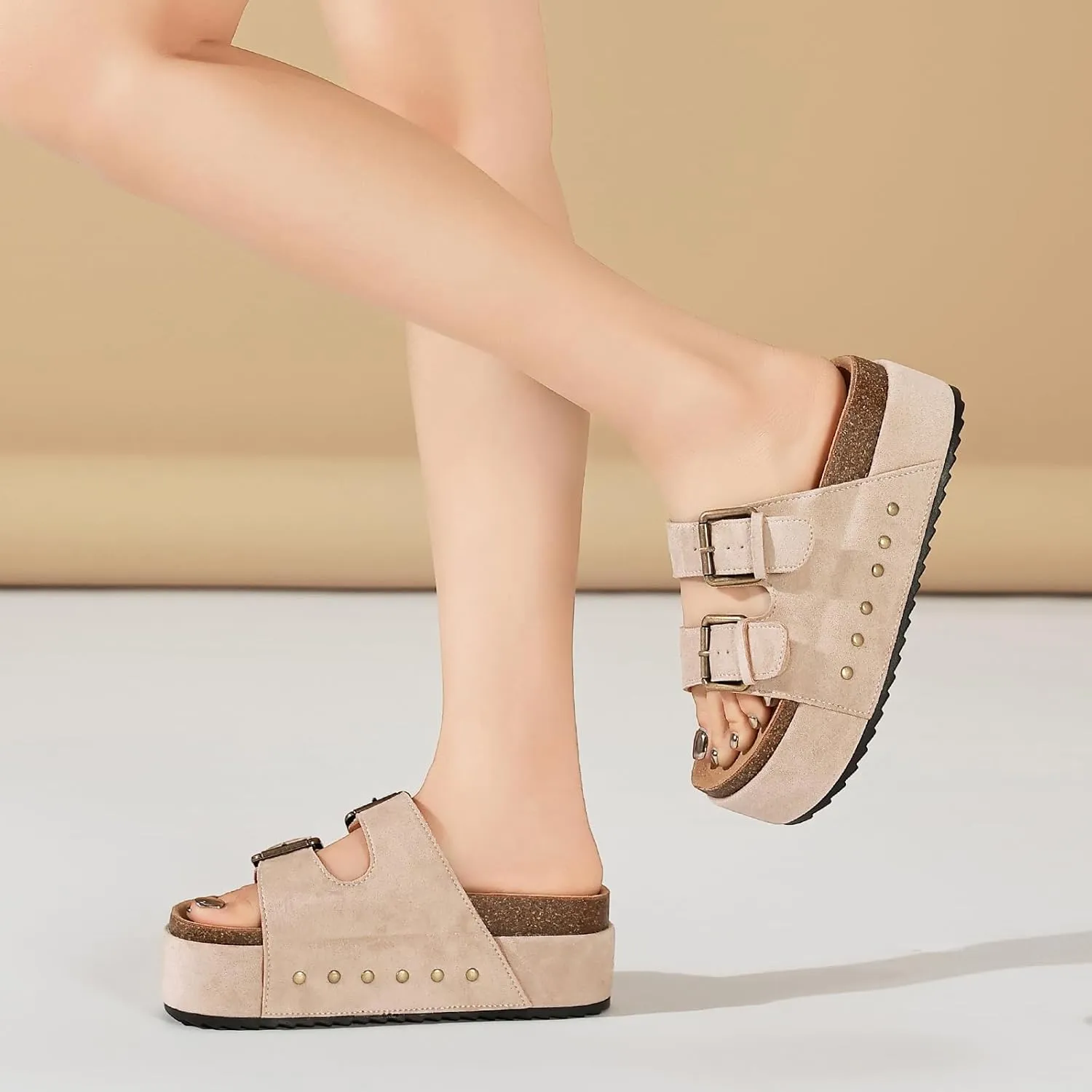 Women's Platform Clogs Sandals Cork Footbed with Comfort Double Buckles, Summer Platform Slides Mules, Summer Beach Comfort Wide Widths Availab