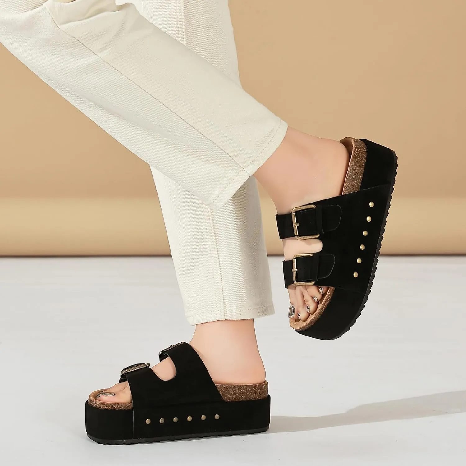 Women's Platform Clogs Sandals Cork Footbed with Comfort Double Buckles, Summer Platform Slides Mules, Summer Beach Comfort Wide Widths Availab