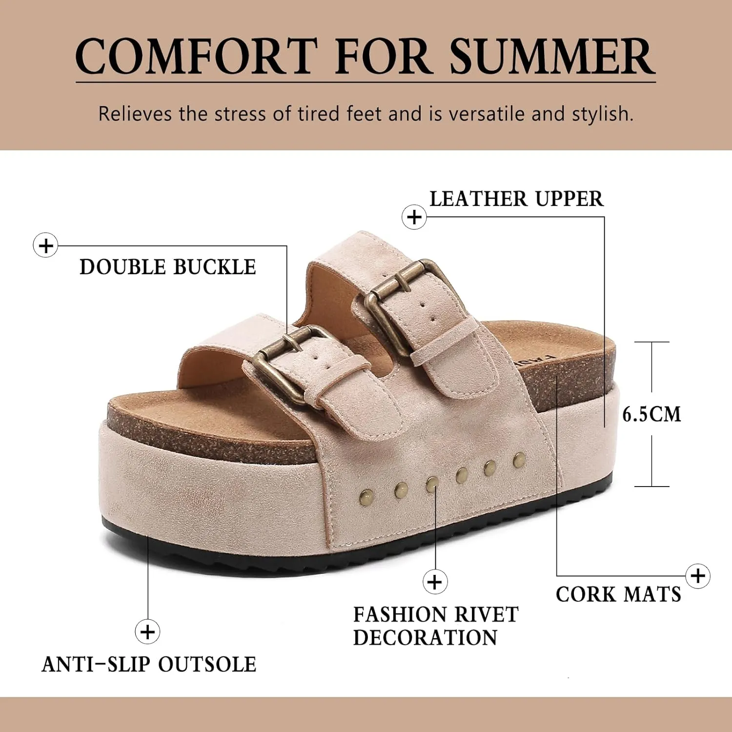 Women's Platform Clogs Sandals Cork Footbed with Comfort Double Buckles, Summer Platform Slides Mules, Summer Beach Comfort Wide Widths Availab