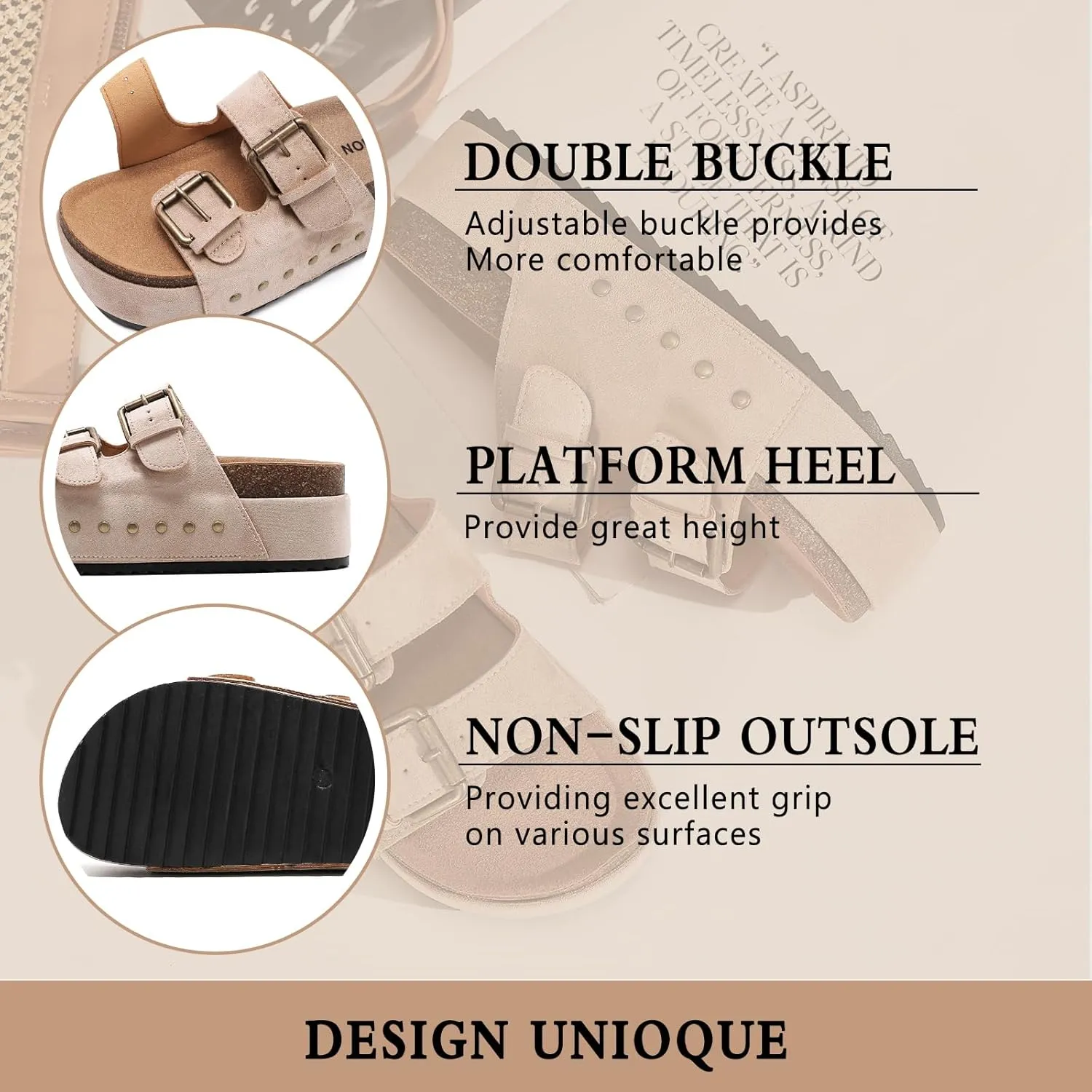 Women's Platform Clogs Sandals Cork Footbed with Comfort Double Buckles, Summer Platform Slides Mules, Summer Beach Comfort Wide Widths Availab