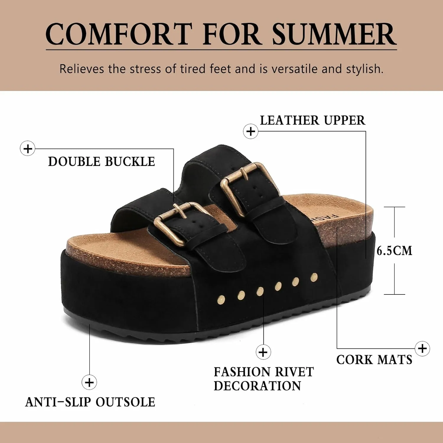Women's Platform Clogs Sandals Cork Footbed with Comfort Double Buckles, Summer Platform Slides Mules, Summer Beach Comfort Wide Widths Availab