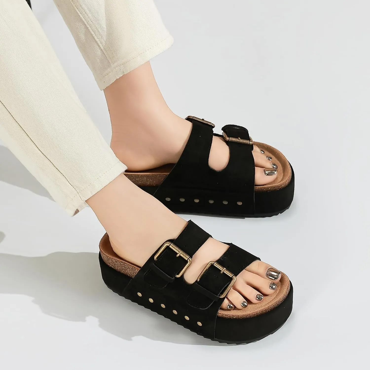Women's Platform Clogs Sandals Cork Footbed with Comfort Double Buckles, Summer Platform Slides Mules, Summer Beach Comfort Wide Widths Availab