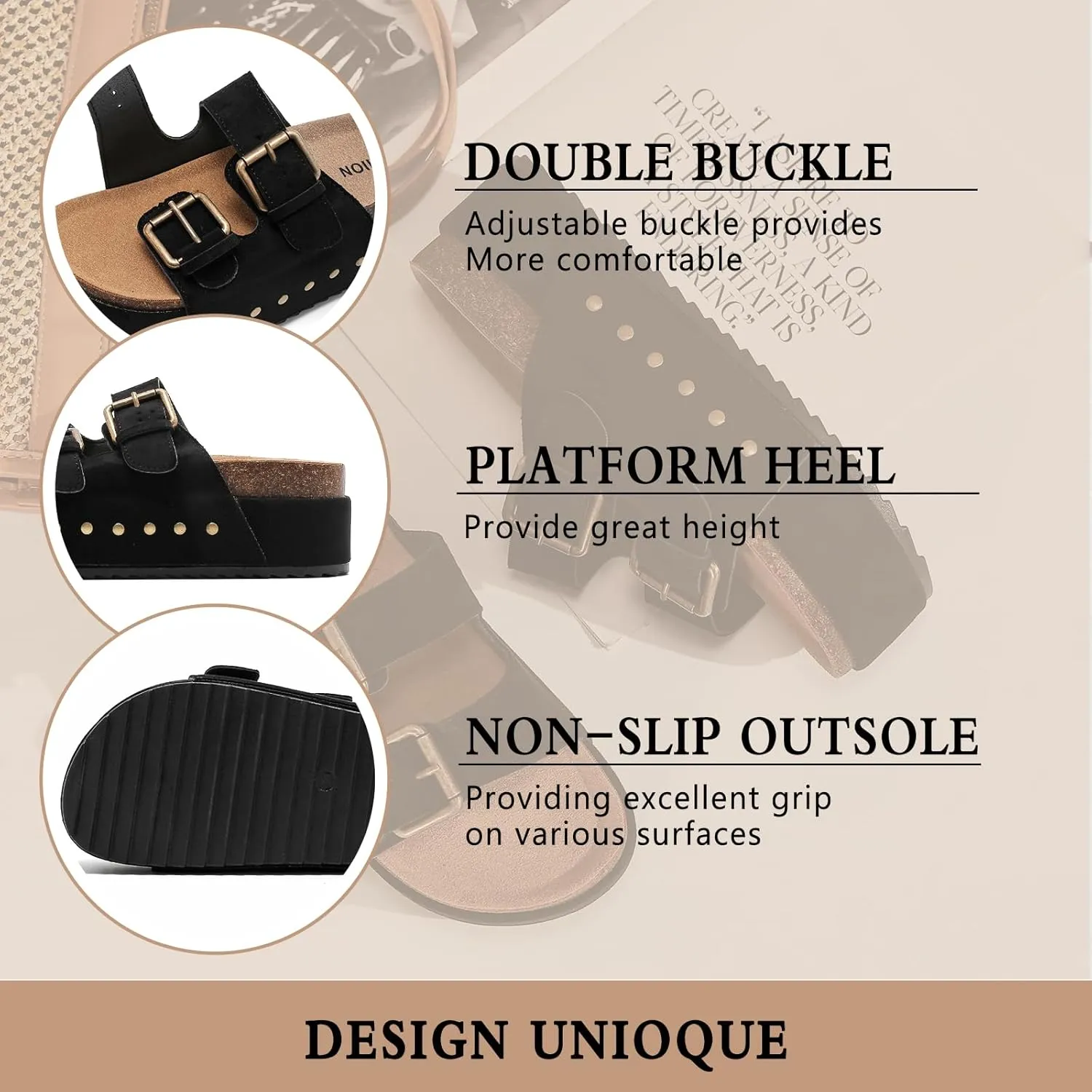 Women's Platform Clogs Sandals Cork Footbed with Comfort Double Buckles, Summer Platform Slides Mules, Summer Beach Comfort Wide Widths Availab