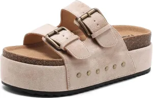 Women's Platform Clogs Sandals Cork Footbed with Comfort Double Buckles, Summer Platform Slides Mules, Summer Beach Comfort Wide Widths Availab