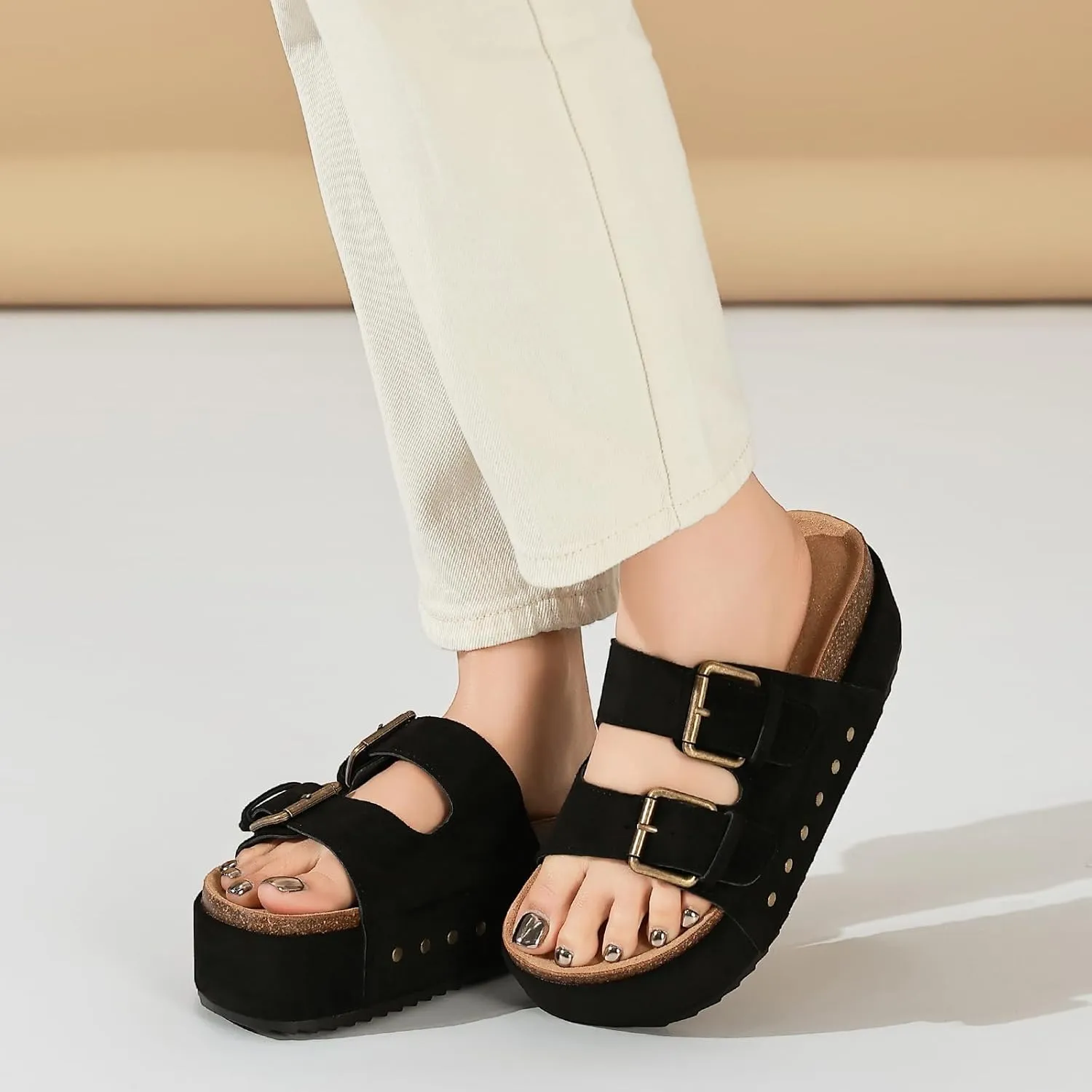 Women's Platform Clogs Sandals Cork Footbed with Comfort Double Buckles, Summer Platform Slides Mules, Summer Beach Comfort Wide Widths Availab
