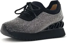 Women's Platform Sneakers Fashion Rhinestone Sneakers Shoes Low Top Walking Shoes Lace Up