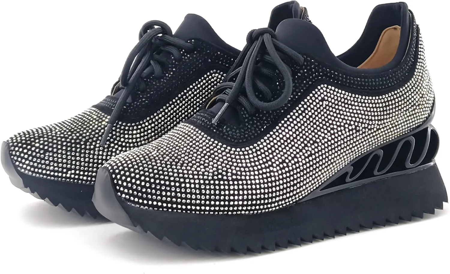 Women's Platform Sneakers Fashion Rhinestone Sneakers Shoes Low Top Walking Shoes Lace Up