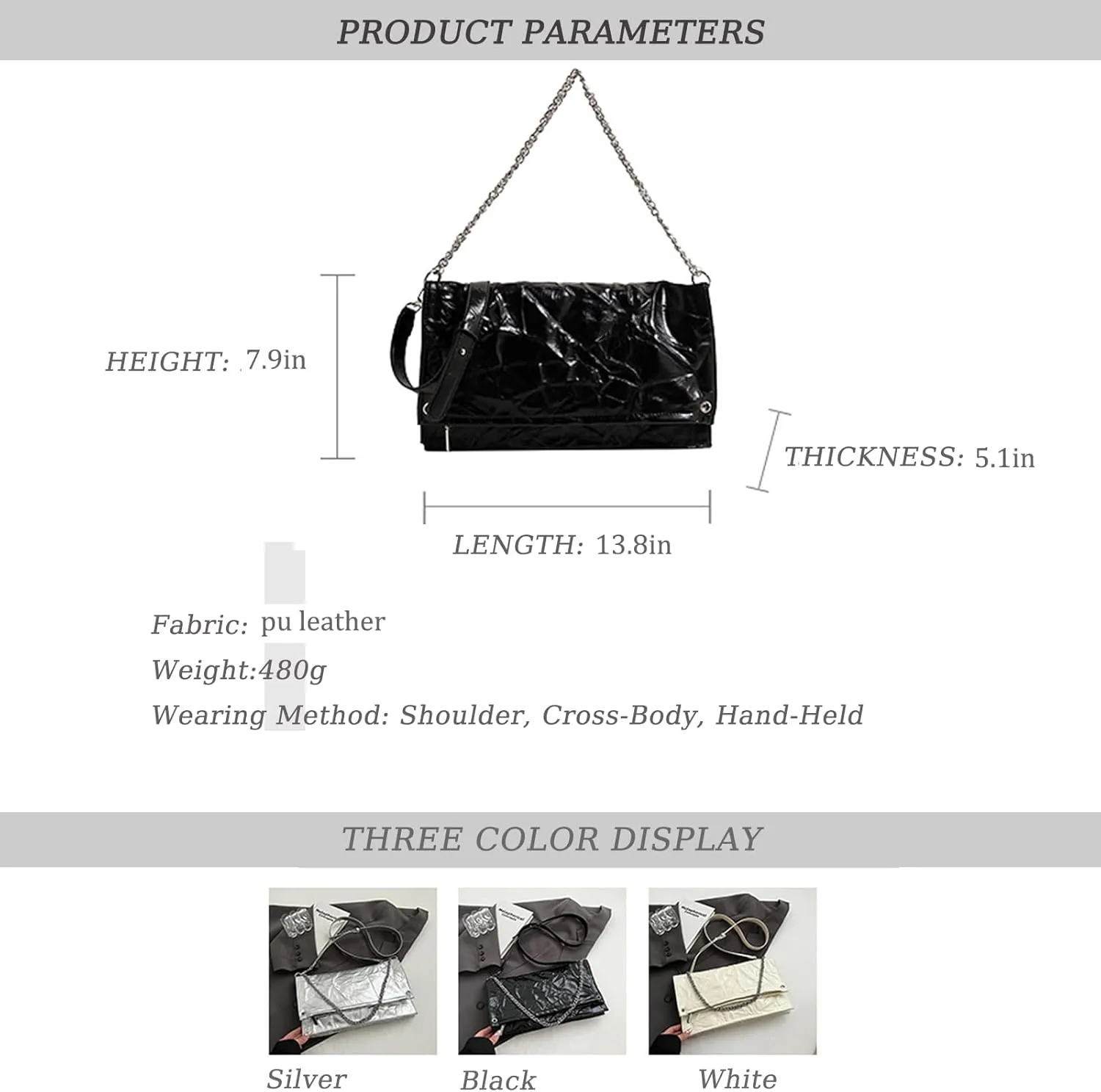 Women'S Pleated Leather Chain Shoulder Hobo Bag Fashion Large Capacity Foldable Tote Handbags for work Commute
