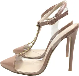 Women's PVC Patchwork Sandals, Pointed Toe T-Strap Party Heels