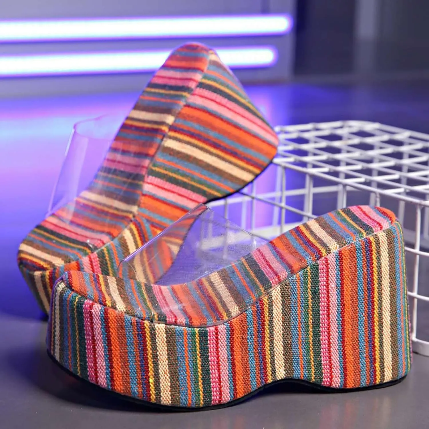 Womens Rainbow Transparent Strappy Platform Wedge Sandals Clear Round Peep Open Toe Slide Summer Beach Crystal Mules Slipper