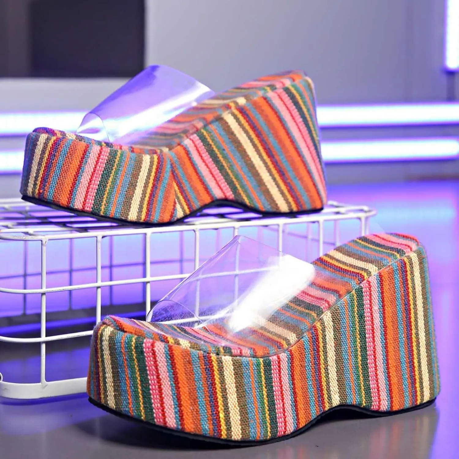 Womens Rainbow Transparent Strappy Platform Wedge Sandals Clear Round Peep Open Toe Slide Summer Beach Crystal Mules Slipper