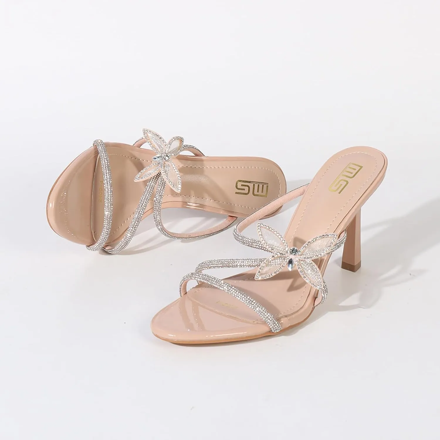 Women's Rhinestones Strappy Stilettos Sandals Fashion Butterfly Comfortable Open Pointed Toe Slip On High Heels Mules Slides for Party Wedding Date Dress Shoes