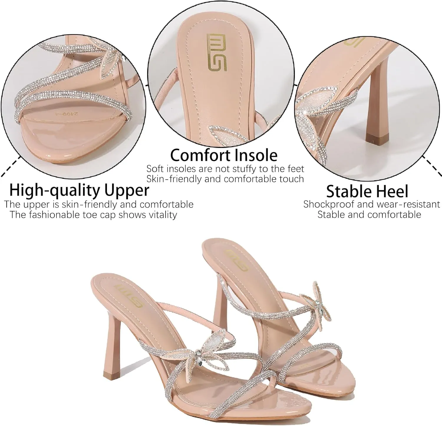 Women's Rhinestones Strappy Stilettos Sandals Fashion Butterfly Comfortable Open Pointed Toe Slip On High Heels Mules Slides for Party Wedding Date Dress Shoes