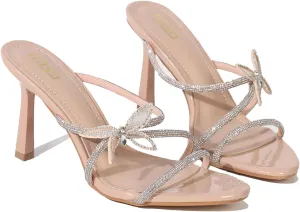 Women's Rhinestones Strappy Stilettos Sandals Fashion Butterfly Comfortable Open Pointed Toe Slip On High Heels Mules Slides for Party Wedding Date Dress Shoes
