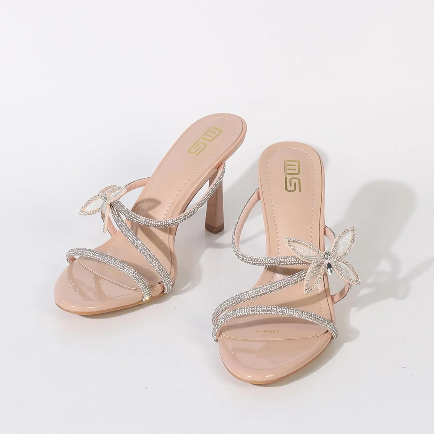 Women's Rhinestones Strappy Stilettos Sandals Fashion Butterfly Comfortable Open Pointed Toe Slip On High Heels Mules Slides for Party Wedding Date Dress Shoes